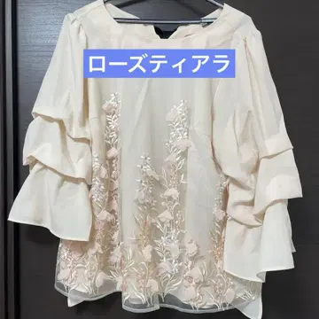 빅 사이즈 로즈 티아라 프릴 소매 꽃 자수 블라우스 리본 빅