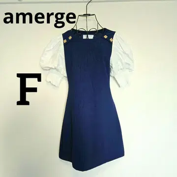 amerge 아메르주 네이비 퍼프 슬리브 원피스 골드 버튼 F 안감 있음