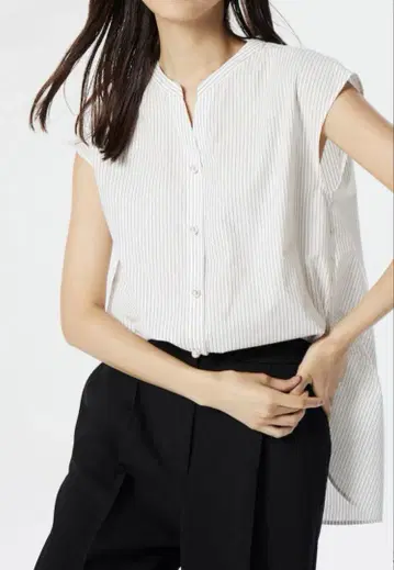 PLST 플라스테 펄 버튼 V 넥 프렌치 슬리브 셔츠 스트라이프 S