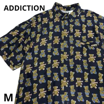 ADDICTION 곰 무늬 실크 반팔 셔츠 M 블랙