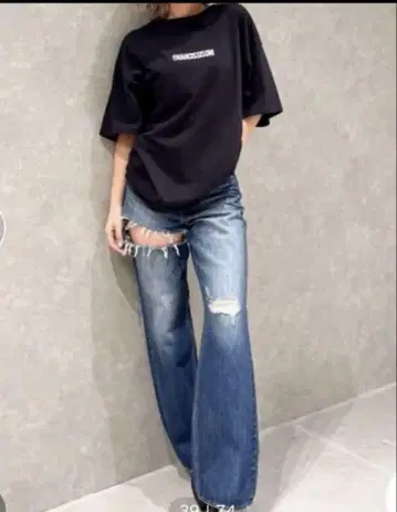 GYDA 데미지 가공 하이 웨스트 스트레이트 청바지