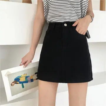 하이 웨스트 데님 스커트, 블랙 검정, 허리 약 66cm