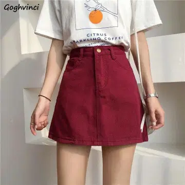 하이 웨스트 데님 스커트, 와인 레드, 허리 약 66cm