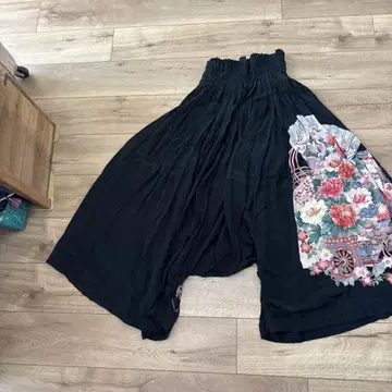 블랙 플라워 무늬 자수 가우초 팬츠 기모노 리폼