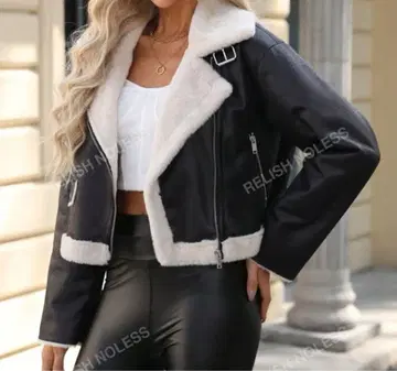 SHEIN 가죽 숏 자켓 인조 모피 장식