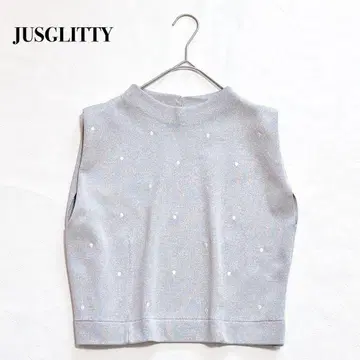 JUSGLITTY JASGITTY 도트 자수 크롭 니트 슬리브리스