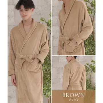 목욕 가운 벨트 포함 브라운 남성용 극세사
