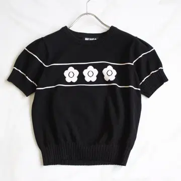 MARY QUANT 반팔 니트 M 블랙 까멜리아 로고