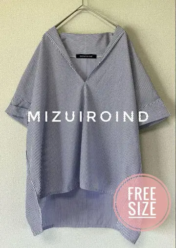 Mizuiroind 반팔 풀오버 블루 스트라이프 옷깃 돌먼 면