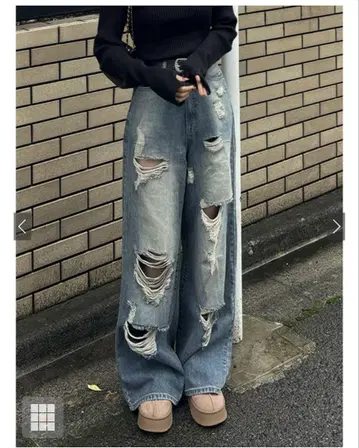 GRL 데미지 컷 루즈 데님 팬츠 [cu525]