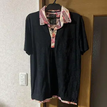 블랙 플라워 무늬 옷깃 피케 셔츠 XL