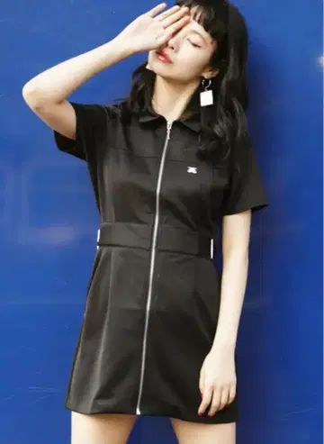 jouetie 블랙 반팔 허리 벨트 미니 원피스