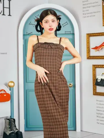 Darich 가죽 리본 체크 롱 원피스