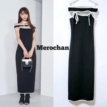 다리치 파이핑 컷 리본 롱 원피스 블랙