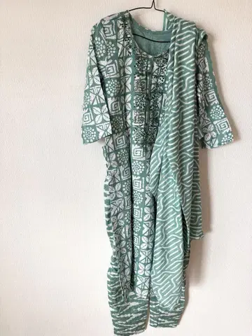 인도 쿠르타 팬츠 두파타 세트 그린 컬러 fabindia