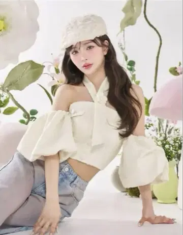Darich 홀터넥 오프숄더 트위드 탑 화이트