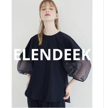 새상품급 ELENDEEK 하프 오간자 슬리브 블라우스 네이비 볼륨