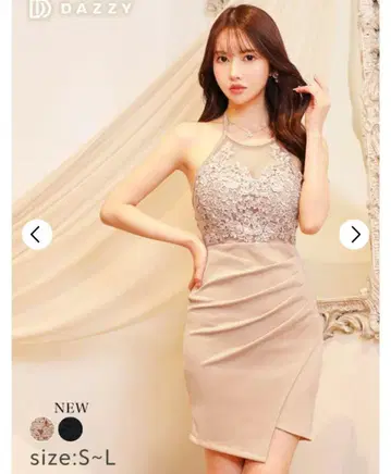 DAZZY 자수 하이넥 드레스 S 베이지
