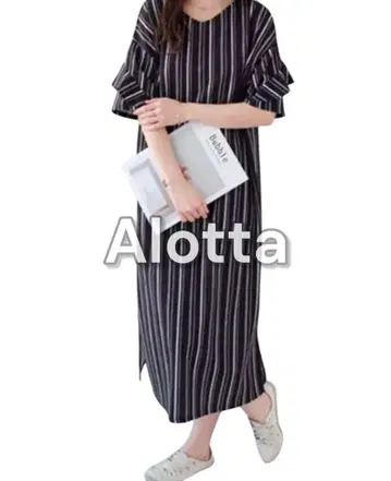 Alotta 스트라이프 프릴 소매 롱 원피스 빅 사이즈