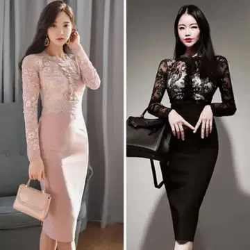 GRAXIA 레이스 절개 미디 길이 원피스