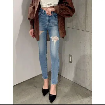 GYDA 백 포켓 데미지 스키니 데님 팬츠 아이스 컬러
