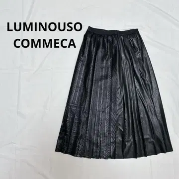 LUMINOUSO COMMECA 블랙 레이스 라이트 가죽 플리츠 스커트