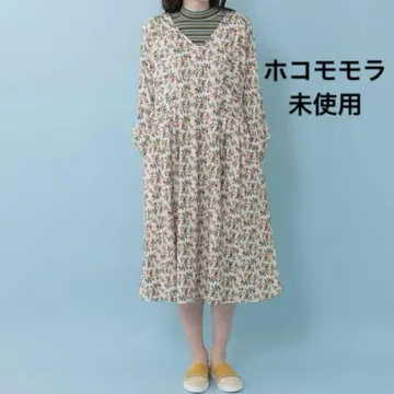 미사용 호코모모라 꽃무늬 프린트 티셔츠 롱 원피스