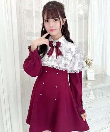 ROJITA 와인 레드 프릴 옷깃 미니 원피스