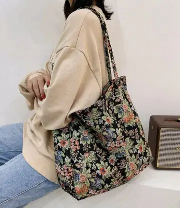 레트로 플라워 무늬 쇼핑백 숄더백 토트백 블랙 플라워