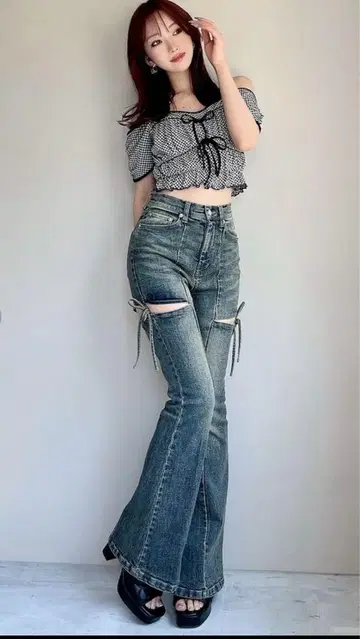 RESEXXY 컷 아웃 리본 데님 팬츠 블루 S