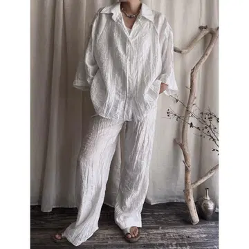 셋업 자수 반팔 오픈 카라 셔츠 화이트 화이트