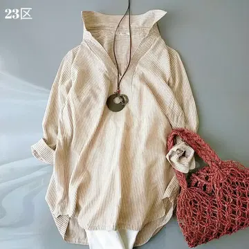 새상품급 23구 7부 소매 스키퍼 셔츠 스트라이프 넉넉한 코튼 텐셀