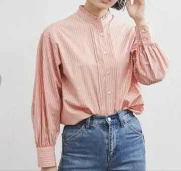 코엔 핀턱 프릴 셔츠 밴드 카라 스트라이프 셔츠 L 사이즈
