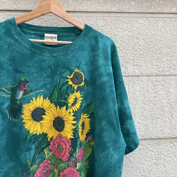 90s USA제 그린 타이다이 프린트 티셔츠 해바라기 빈티지