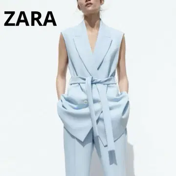ZARA 자라 벨트 포함 롱 테일러드 베스트 베스트 봄 라이트 블루