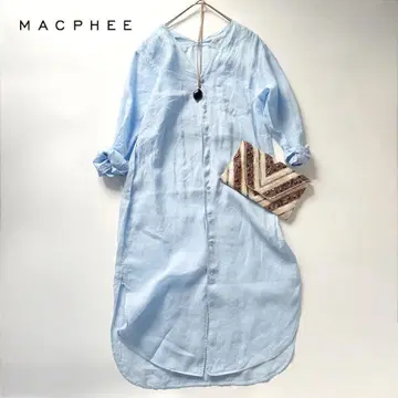 맥피 원피스 라미 셔츠 원피스 V넥 옷깃 스카이블루 린넨
