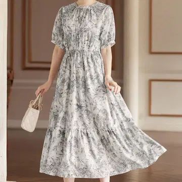 Alotta 선화 터치 꽃무늬 개더 절개 원피스 반팔 빅 사이즈 4L