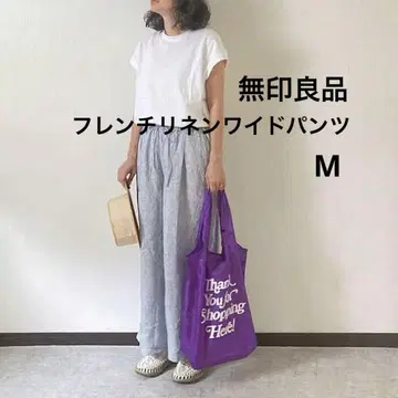 무인양품 MUJI 프렌치 린넨 와이드 팬츠 네이비 스트라이프 M