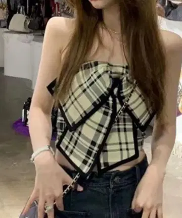 체크 무늬 BIG 리본 뷔스티에