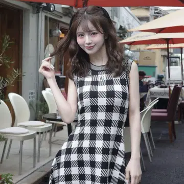 Darich DR 로고 깅엄 니트 미니 원피스
