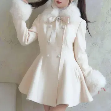 No Genki 퍼 플레어 펄 더블 코트 사이즈 F