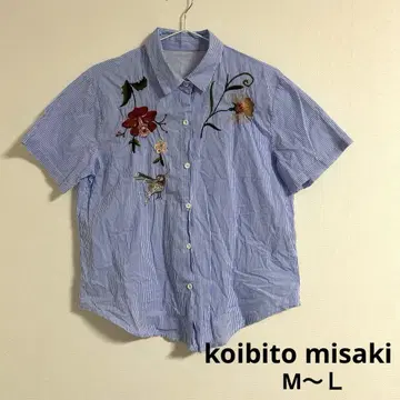 koibito misaki M~L 사이즈 꽃 자수 반팔 스트라이프 셔츠