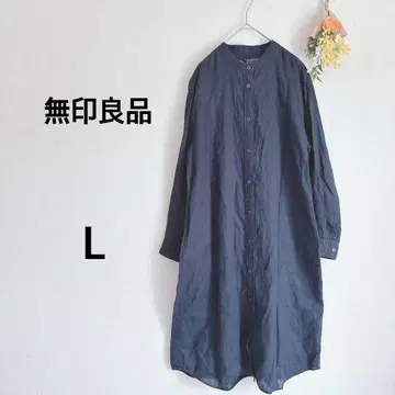 무인양품 셔츠 원피스 긴팔 린넨 100% 밴드 카라 네이비 L