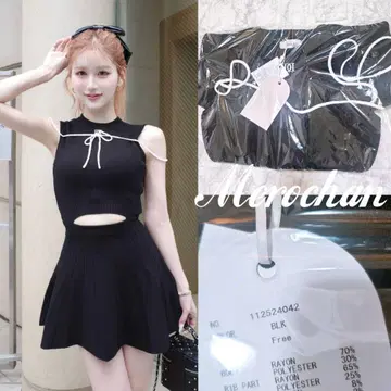 다리치 허리 오픈 스트링 니트 미니 원피스 블랙