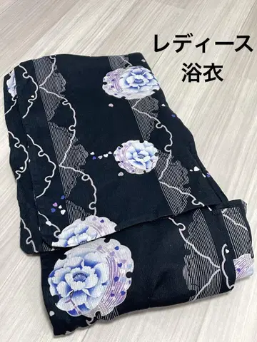 여성용 유카타 단품 검은색 파란 장미 꽃무늬 하트 보라색 하마마쓰 직물