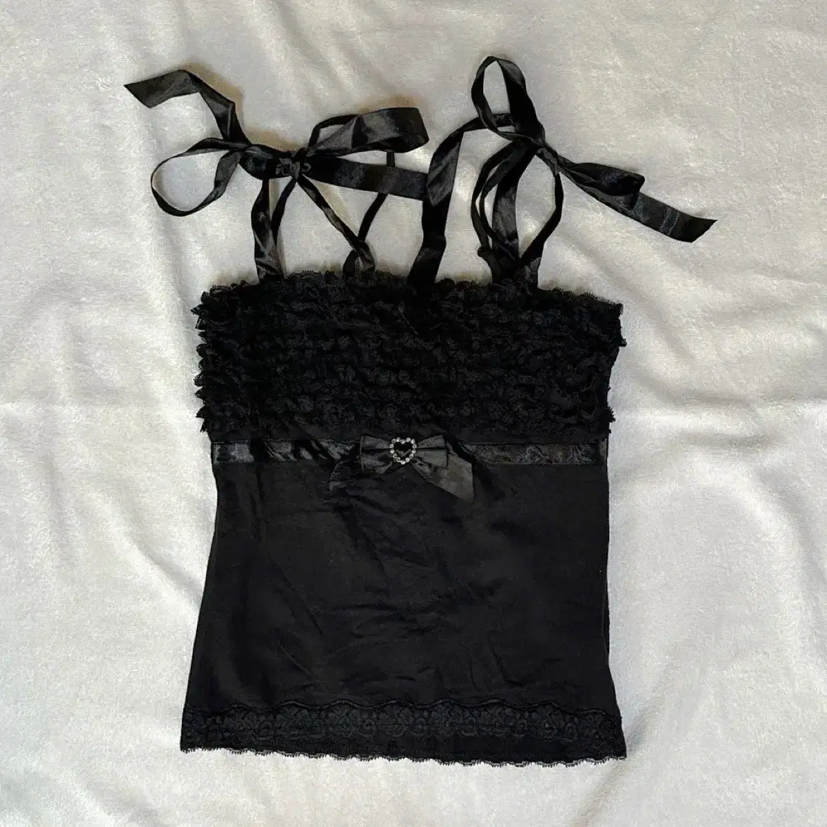 LIZLISA | 리즈리사 Tralala Black Jewel Ribbon Lace Tank Top