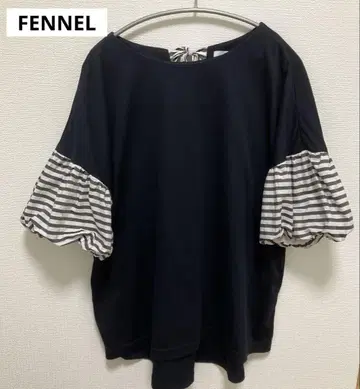FENNEL 네이비 스트라이프 벌룬 소매 티셔츠 백 리본 네이비