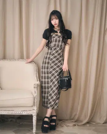 미셸 마카롱 앙상블 체크 원피스 프리 사이즈
