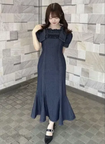 evelyn 프릴 리본 머메이드 OP 인디고