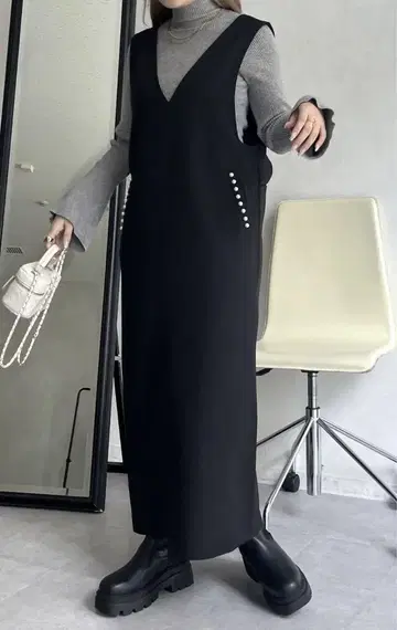 백 리본 포켓 펄 잔스카/블랙/새상품급